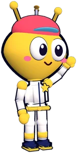 La mascotte du jeu, un bastonneur doré qui salue